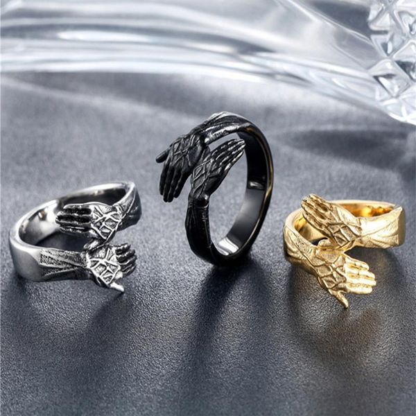 

retro pair of hands hug titanium steel ring punk style cool finger jewelry birthday gift cluster rings, Golden;silver