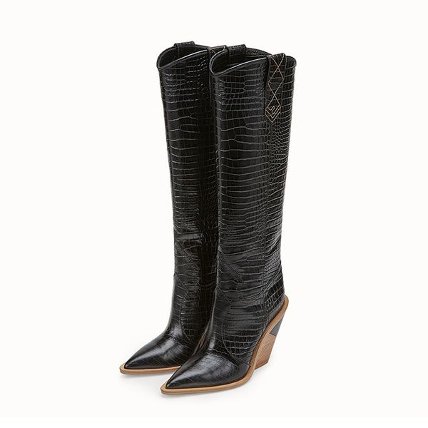 

norberg autumn/winter microfiber leather women's knee high boots pointed toe western cowboy boots wedges riding women shoes 210507, Black