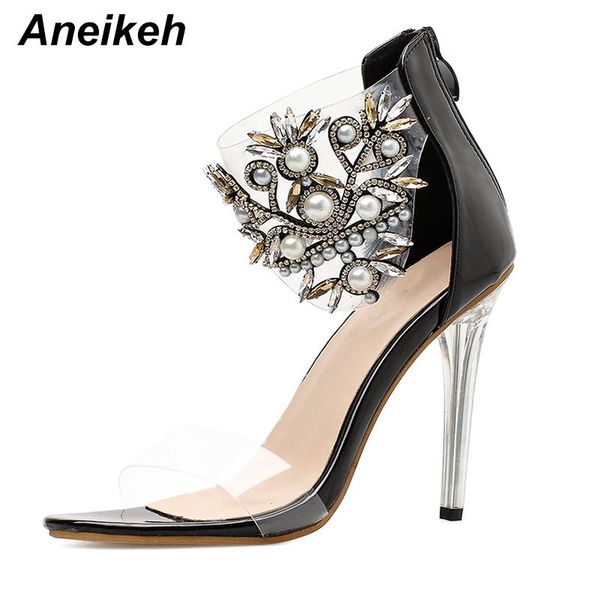 

aneikeh 2021 pu pattern high heels sandals summer transparent pvc flower women rome zipper femme pumps black dress shoes