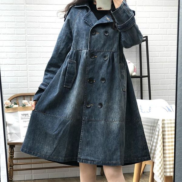

lapel long sleeve double breasted denim patchwork high street windbreaker women large size 2021 spring autumn women's trench coats, Tan;black