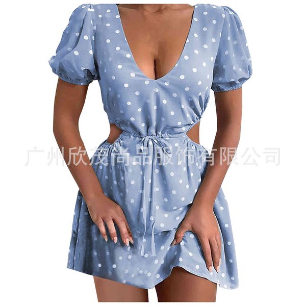 

factorynjf1 hollow 2021 summer new v-neck dot print waist short sleeve dress women's t-shirt, White;black