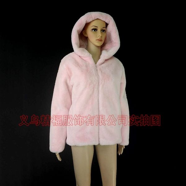 

new 2019 imitation fur women's coat medium long hat rabbit hair zipper, Black