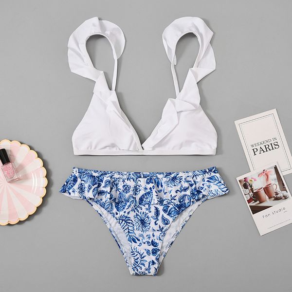 

blue 2021 and white porcelain printed split swimsuit bikini for women, White;black