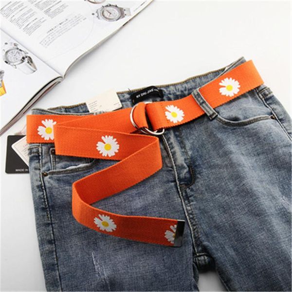 

belts candy color all-match daisy flower d ring canvas waist belt for women teenager girls jeans letters long strap, Black;brown