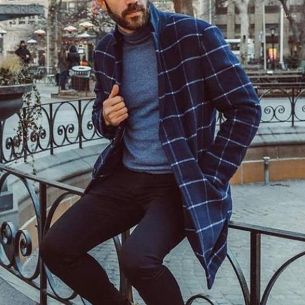 

men's wool & blends streetwear 2021 mens plaid coat striped fashion men trench winter long jacket, Black