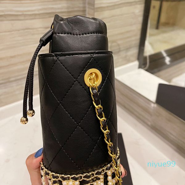 

2021 vintage classic bucket bag drawstring matelasse chain crossbody quilted calfskin leather luxury designer famous pearls decorate totes