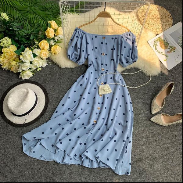 

summer off the shoulder slim womens dresses a line puff sleeve dot printed robe femme korean ladies vintage beach, Black;gray