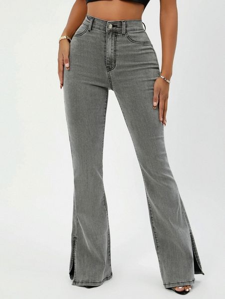 

sxy high waist split hem flare leg jeans z2vk#, Blue