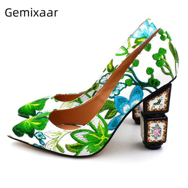 

dress shoes chic 2021 embroidery flower party woman printed high heel pointed toe genuine leather spring pumps women, Black