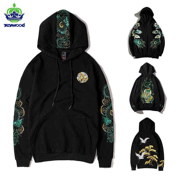 

brand streetwear hoodi men 100%cotton harajuku dragon pattern embroidery crane sweatshirt autumn winter pullover plus size 4xl, Black