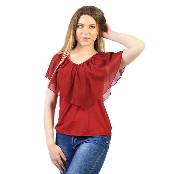 

women's blouses & shirts aecu women shirt summer chiffon shoulder bat sleeves plus size skewed collar off ruffle blouse, White