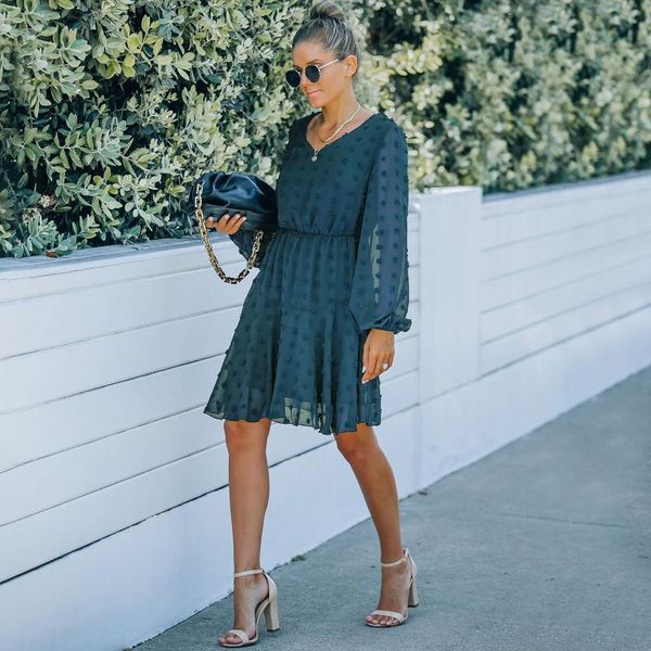 

casual dresses autumn women dress fashion v neck solid color ruffles long sleeve party polka dot robe femme ropa mujer 2021, Black;gray