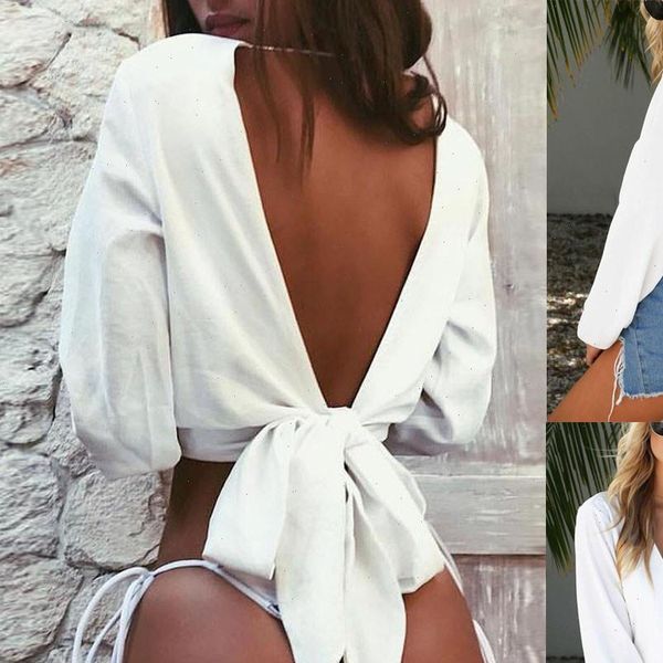 

blusas mujer de moda women blouses fashion tie back deep v neck long sleeve cutout shirt white p30