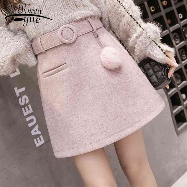 

korean women's woolen mini skirts autumn winter a line short skirt above knee belted high waist slim faldas mujer chic 7166 210510, Black