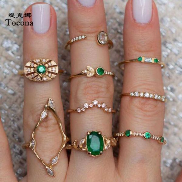 

ring tocona 9pcs/sets bohemia luxurious green crystal stone finger rings sets hollow geometric jewelry for women men wedding 7120, Golden;silver