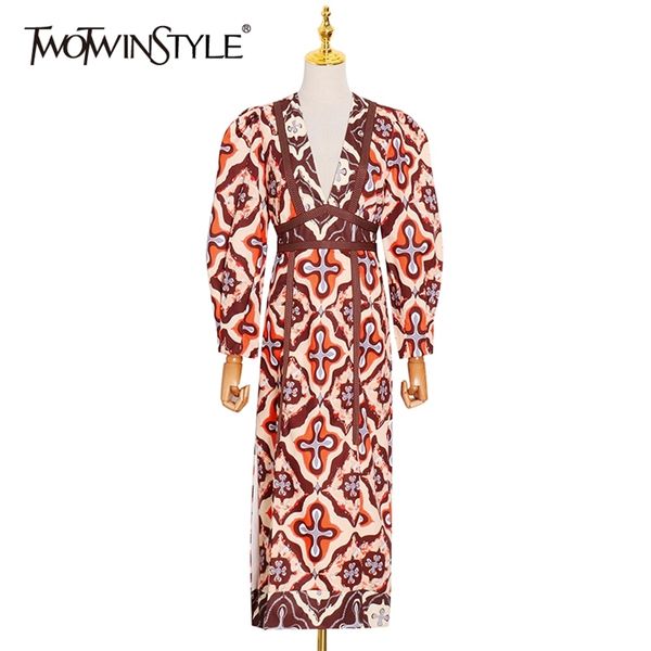 

vintage print dress for women v neck puff sleeve high waist hit color split dresses female fashion clothes 210520, Black;gray
