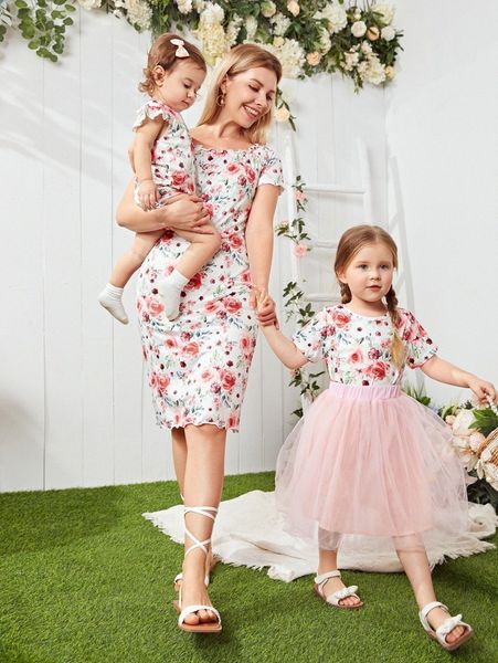 

1pc floral print lettuce trim fitted dress r6wi#, Black;gray