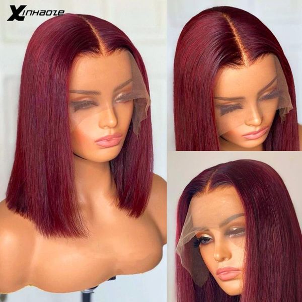 

lace wigs red bob front wig 13x4 colored brazilian human hair frontal burgundy 99j short 4x4 closure, Black;brown