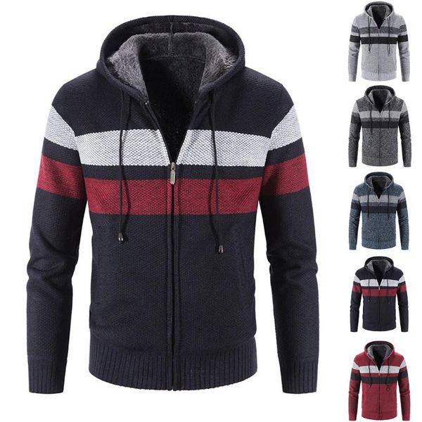 

men's sweaters patchwork hoodie thick knitted sweater fleece lined casual jacket winter coat mens clothing, White;black