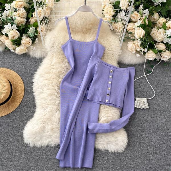 

knitted two piece set spring women tracksuits autumn spaghetti strap sleeveless bodycon dress slash neck long sleeve sweater suits, Gray