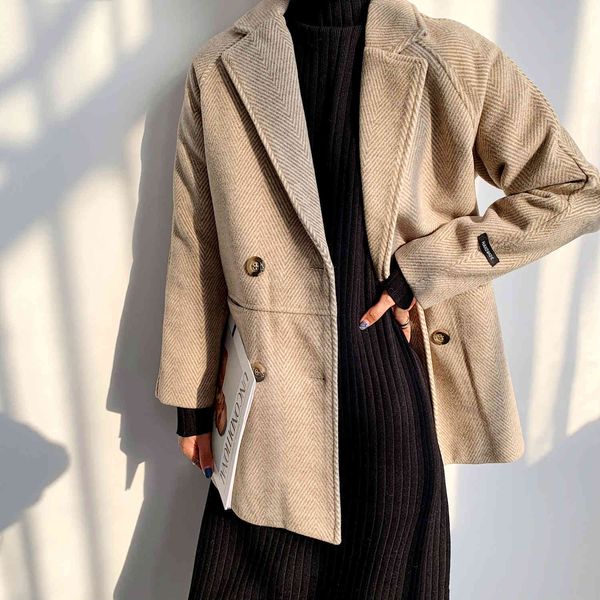 

female Msxu elegant vintage pocket shredded casual wool blazer coat, Black