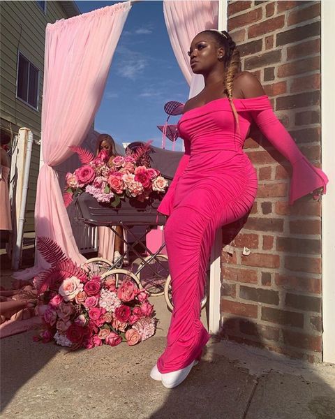 

Slash Neck Women Prom Dresses Sexy Slim Solid Color Backless Long Flare Sleeved Maxi Dresses Fashion Womens Party Dresses, Rose red