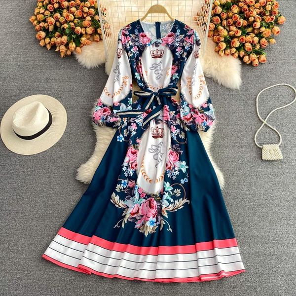 

casual dresses vintage women 's dress korean o-neck print high waist slom was thin female puff sleeve big swing vestidos 2021, Black;gray