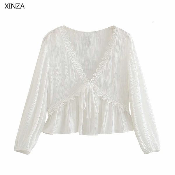 

women's knits & tees women lace applique summer blouse long puff sleve ruffle white cropped blouses fashion tied v neck woman vin