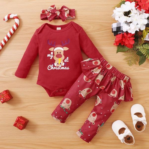 

clothing sets infant baby boys girls christmas xmas deer printed long sleeve bodysuit+ruffles pants outfits born clothes, White