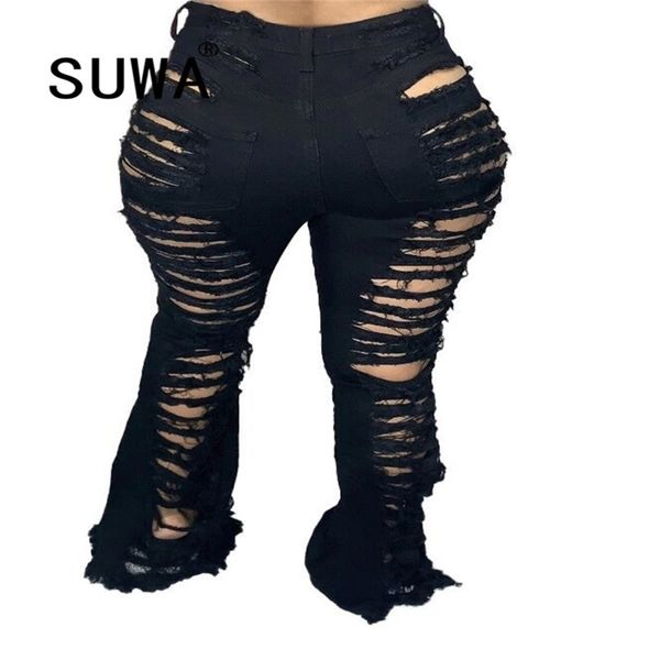 

fashion classic hole denim flare pants trousers women wholesale clothing high waist jeans dance vintage casual skinny leggings 210525, Blue