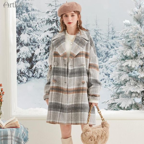 

women's wool & blends artka 2021 winter women woolen coat vintage plaid lapel double breasted coats loose straight midi outerwear jw170, Black