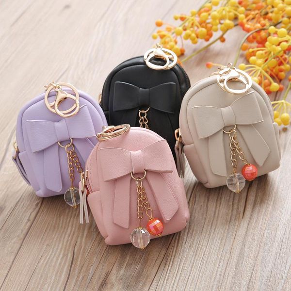 

keychains women faux leather mini bowknot keychain dangle bead pendant coin bag key ring girl gift, Silver