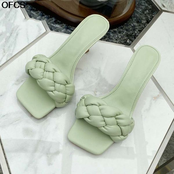 

sandals summer outdoor women slipper thin high heels pu leather weave ladies square toe slip on slides flip flop shoes rx5k, Black