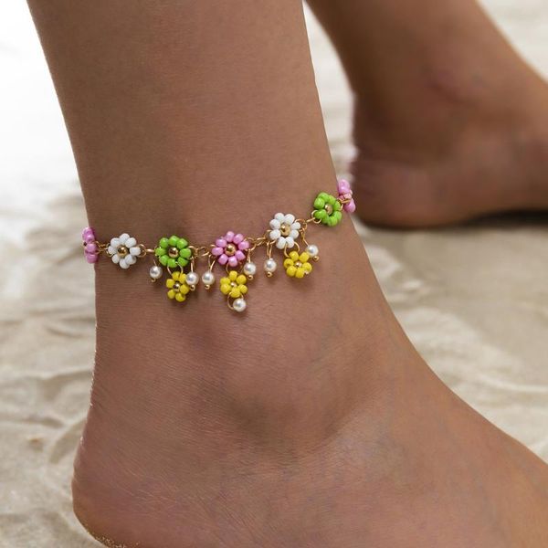 

anklets accessories simple and fresh daisy tassel anklet retro flower pendant sweet cool foot ornament, Red;blue