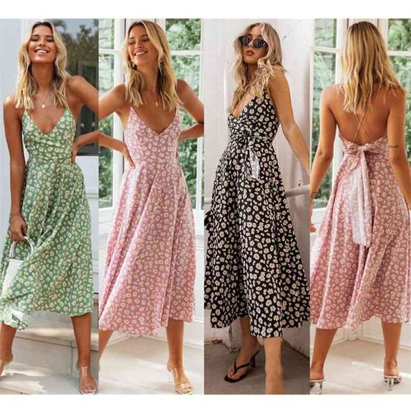 

women dress summer daisy print dresses boho maxi spaghetti strips backless bow v neck long sundress female vestidos 210517, Black;gray