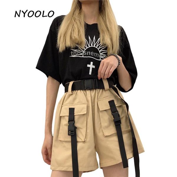 

women's shorts nyoolo summer high waist big pockets solid cargo casual streetwear loose elastic wide leg women clothing, White;black