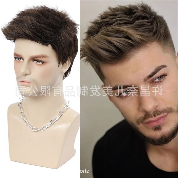 

short brown men's wig hair partial split upturned headgear harajuku cos fashion men wig rose net, Black