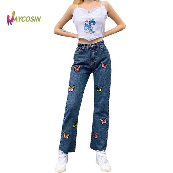 

women's jeans women jungfrau style high waist and slim butterfly embroidered straight 2021 spring autumn loose comfortable, Blue