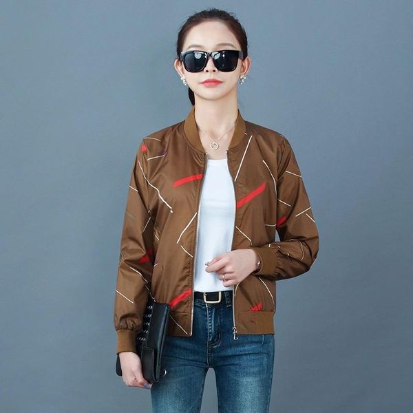 

women's jackets 2021 spring causal printed windbreaker women basic coats zipper long sleeve stand collar bomber famale big size, Black;brown