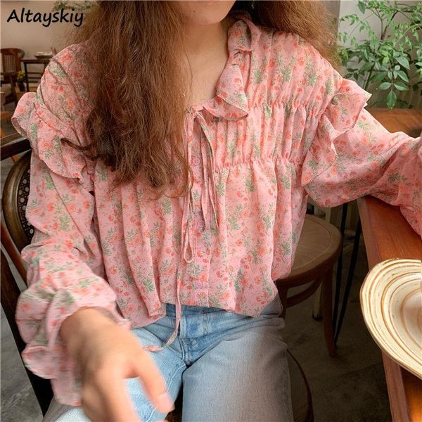 

women's blouses & shirts women pink floral print ruffles long lantern sleeve chiffon pleated spring elegant female casual retro chic, White
