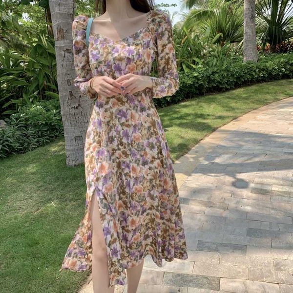 

bohemian dresses woman party night floral print vintage spring women long sleeve elegant midi vestido 210529, Black;gray