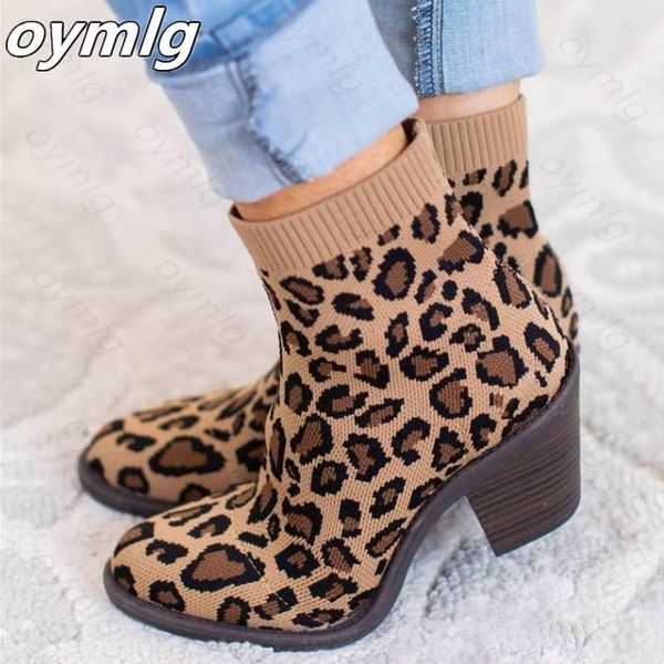 

boots fashion ankle elastic sock chunky high heels stretch women winter knitted fabric booties leopard print zapatos mujer, Black