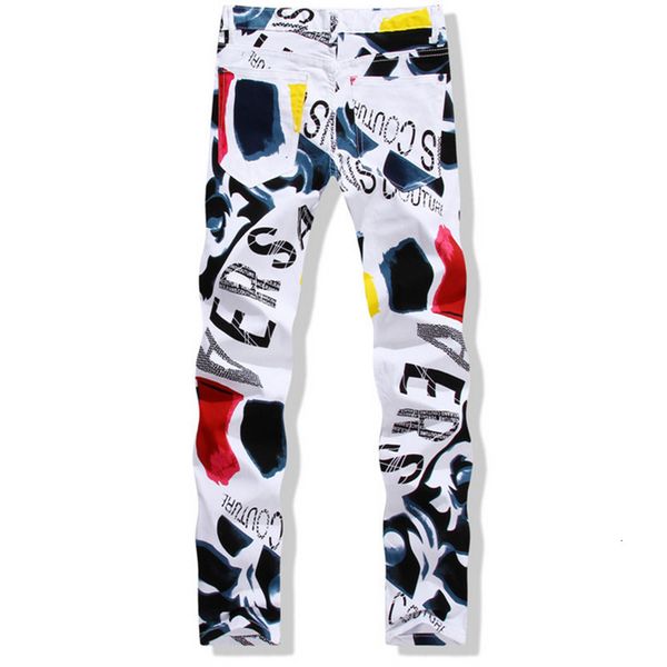 

Wholesale-Big Size 28-44 White Printed Men Fashion Male Unique Cotton Jeans For Man Men's Casual Debris Printing Pants Hombre YN156, Blue