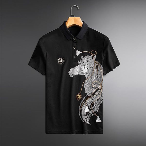 

men's polos black 2021 summer lapel shirt camisa hombre fashion brand slim horse print short sleeve men, White;black