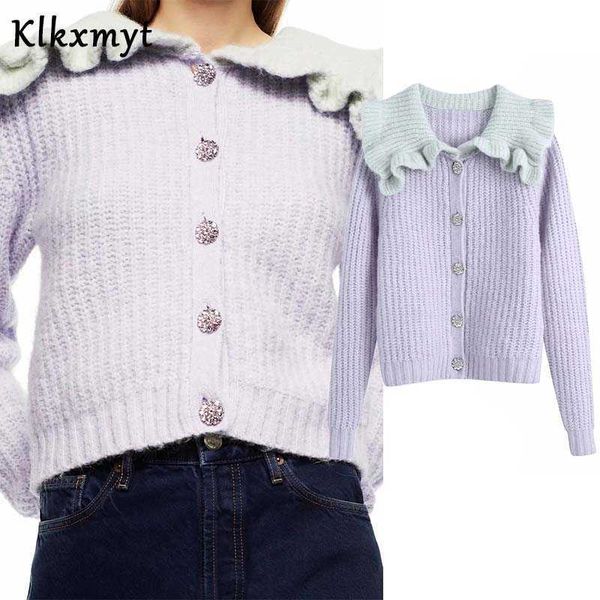

klkxmyt za women fashion bejewelled buttons patchwork ruffled cardigan sweater vintage long sleeve female outerwear 210527, White