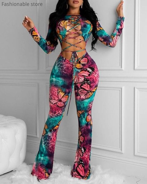 

women's jumpsuits & rompers women long sleeve butterflyprint overalls tie dye print lace-up front cutout, Black;white