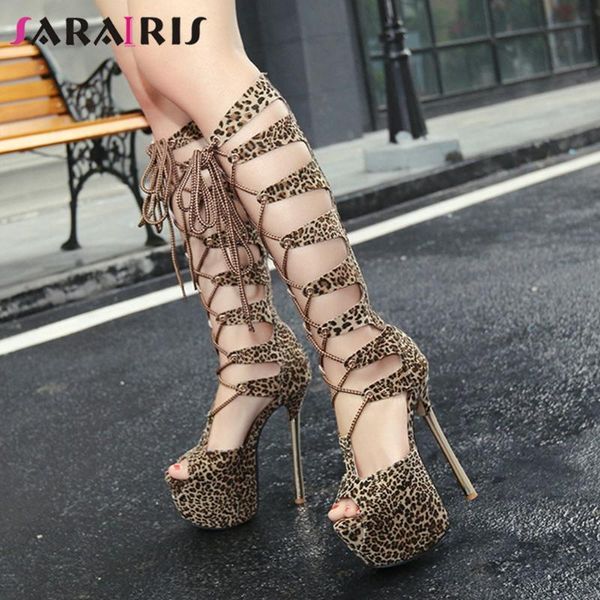 

dress shoes sarairis thin high heels sandals women summer cosplay platform ladies wild leopard knee, Black