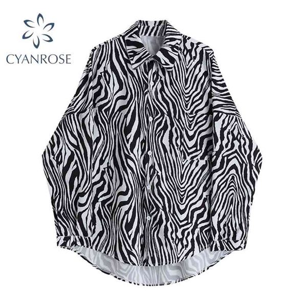 

women's zebra print streetwear blouses lapel oversized long sleeve tide shirts casual ol gothic punk cardigan beach blusas 210430, White