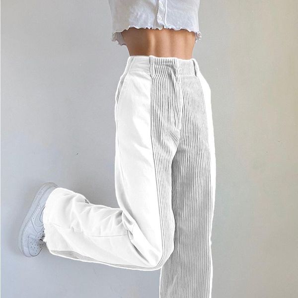 

women's pants & capris patchwork corduroy streetwear loose ladies fashion trousers pockets high waist autumn winter pant for female, Black;white