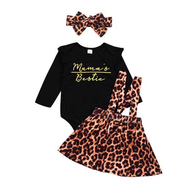 

clothing sets by 3pcs baby girl clothes round collar romper suit long sleeve leopard strap dress with bow headdress spring infant set, White